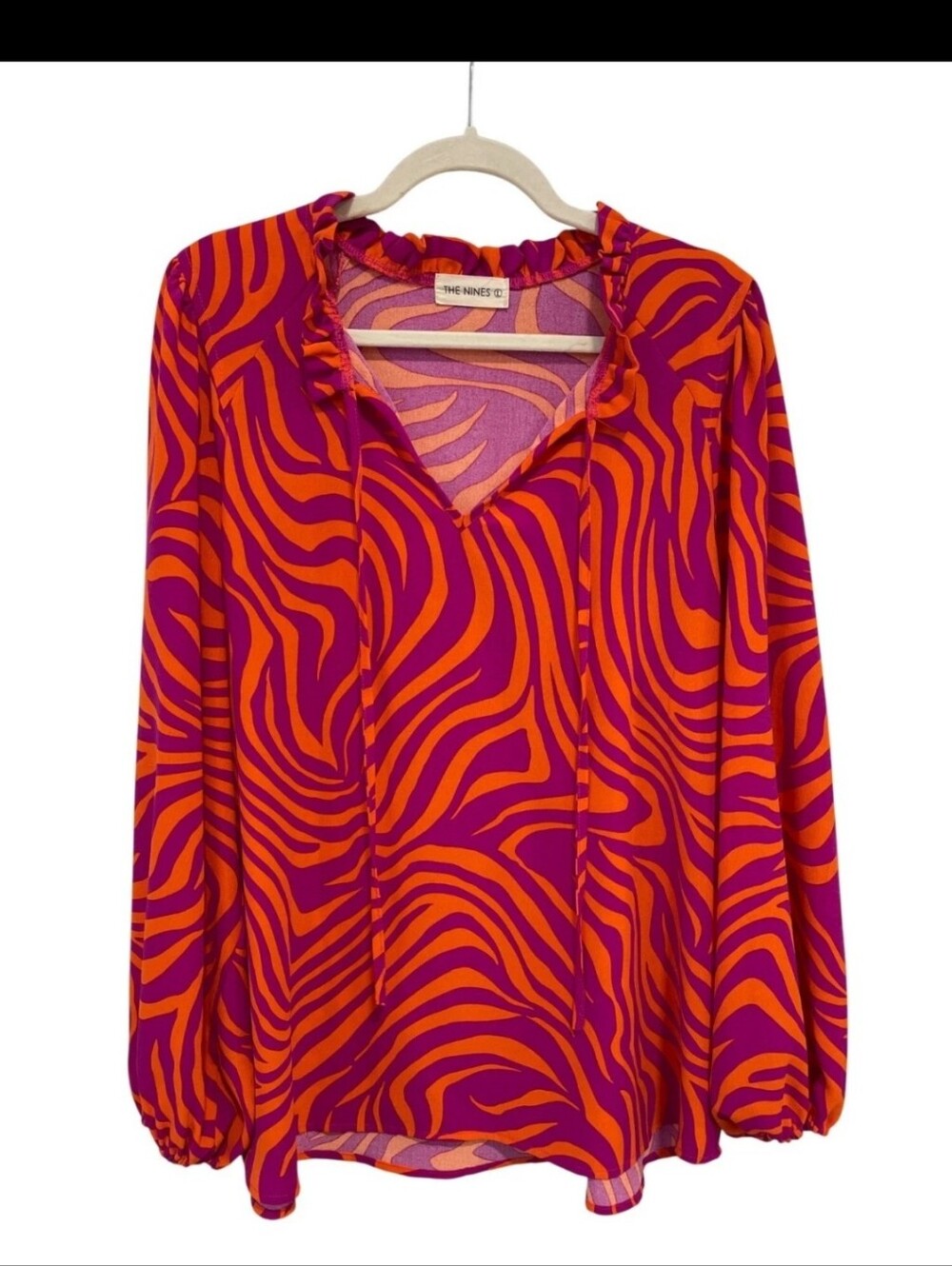 JODIFL Pink & Orange Zebra-Print Ruffle V-Neck Blouse